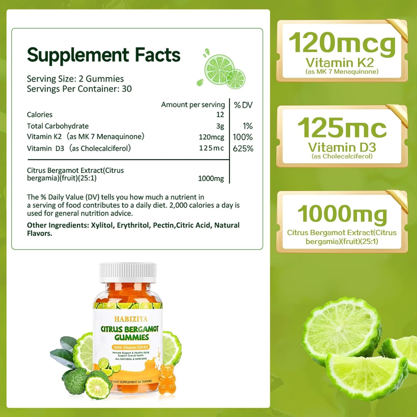 Citrus Bergamot Gummies 1000mg with Vitamin D3+K2 for Heart & Immune Support - Vegan, All-Natural, Sugar-Free - 60 Gummies