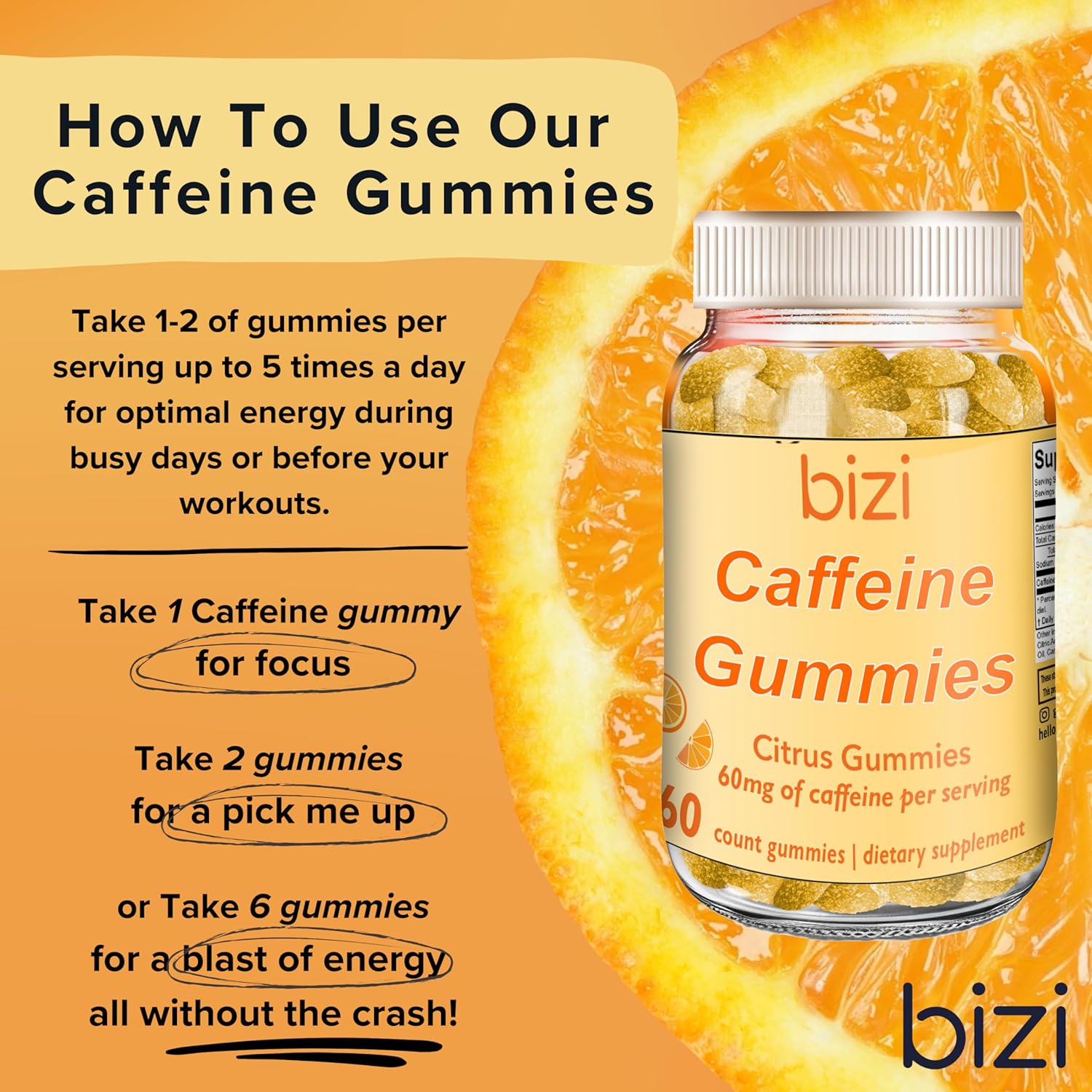Citrus Flavored Bizi Caffeine Gummies - Energy Boosting Supplement for Men and Women, 30mg Caffeine per Gummy, 60 Count