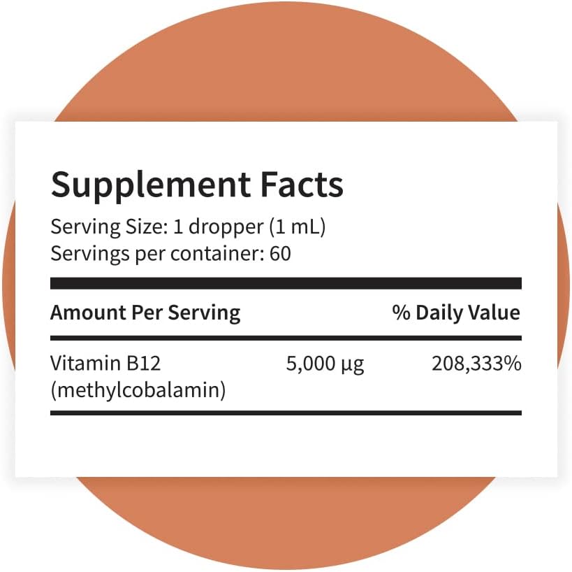 Citrus Flavored Vegan Liquid Drops - Pattern Wellness Vitamin B12 Supplement - 5000 mcg Methylcobalamin - Immune & Cardiovascular Support - 2 fl. oz
