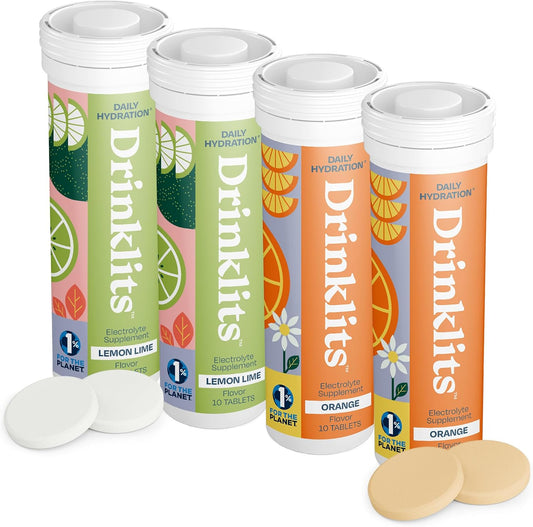 Citrus Hydration Combo Pack: Drinklits Electrolyte Tablets Bundle (4 Tubes) - Lemon-Lime & Orange Flavors, 40 Servings, 0g Sugar, Daily Use