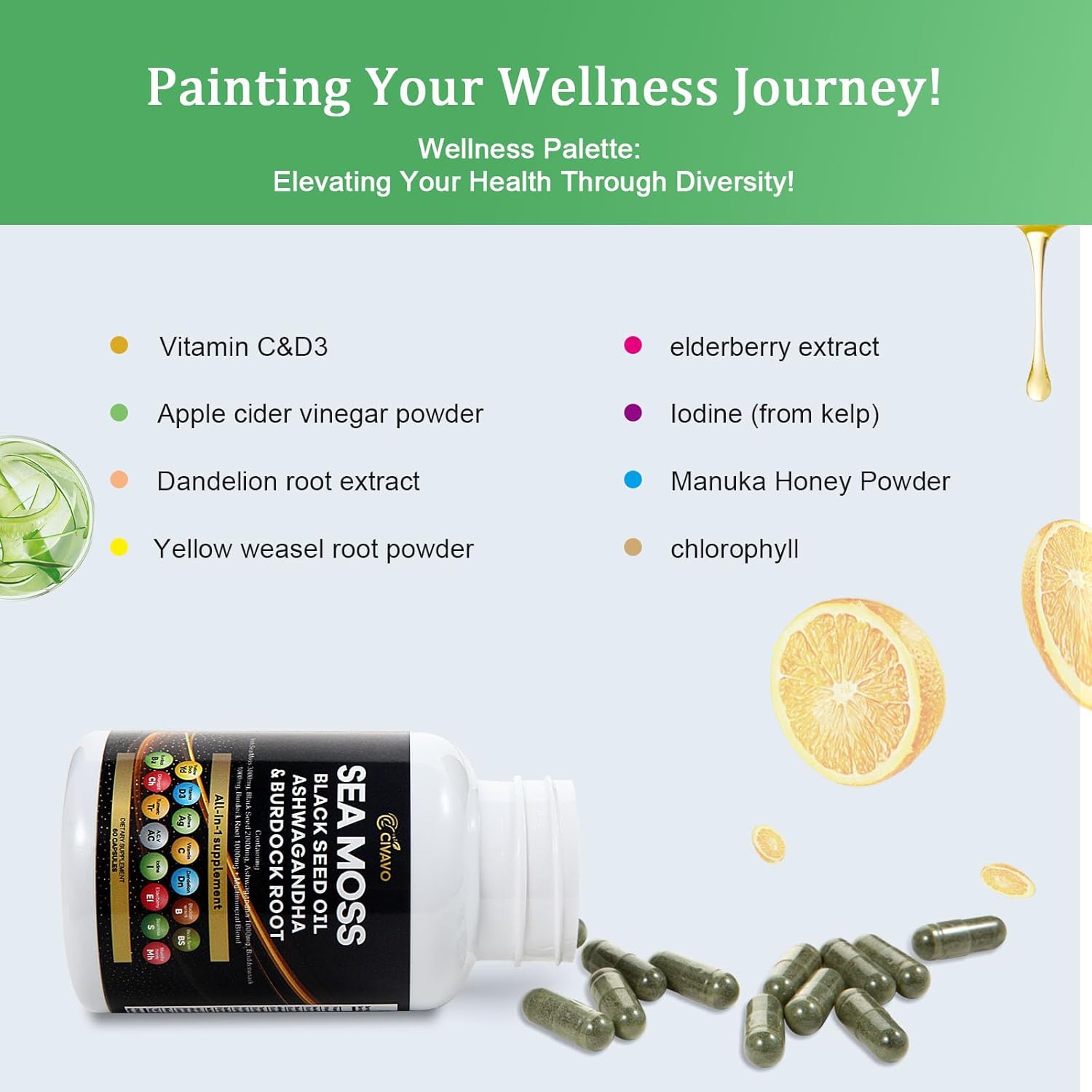 Civavo Superfood Supplement Blend with Sea Moss, Black Seed Oil, Ashwagandha, Bladderwrack, Turmeric, Burdock, Elderberry, and more - BoostGo Australia