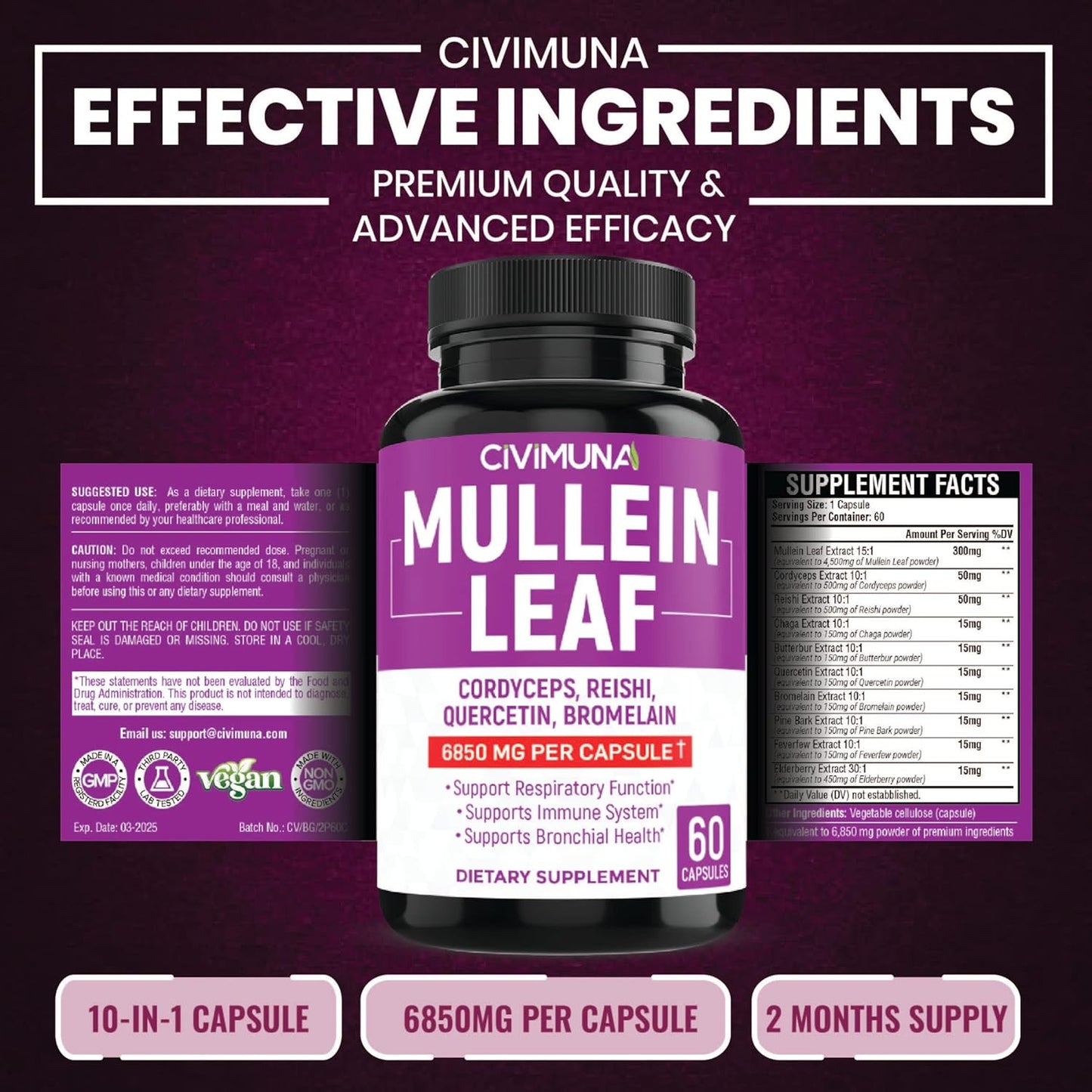 CIVIMUNA Mullein Leaf Capsules 6850mg (2 Packs) - Cordyceps, Reishi - 4 Month Supply