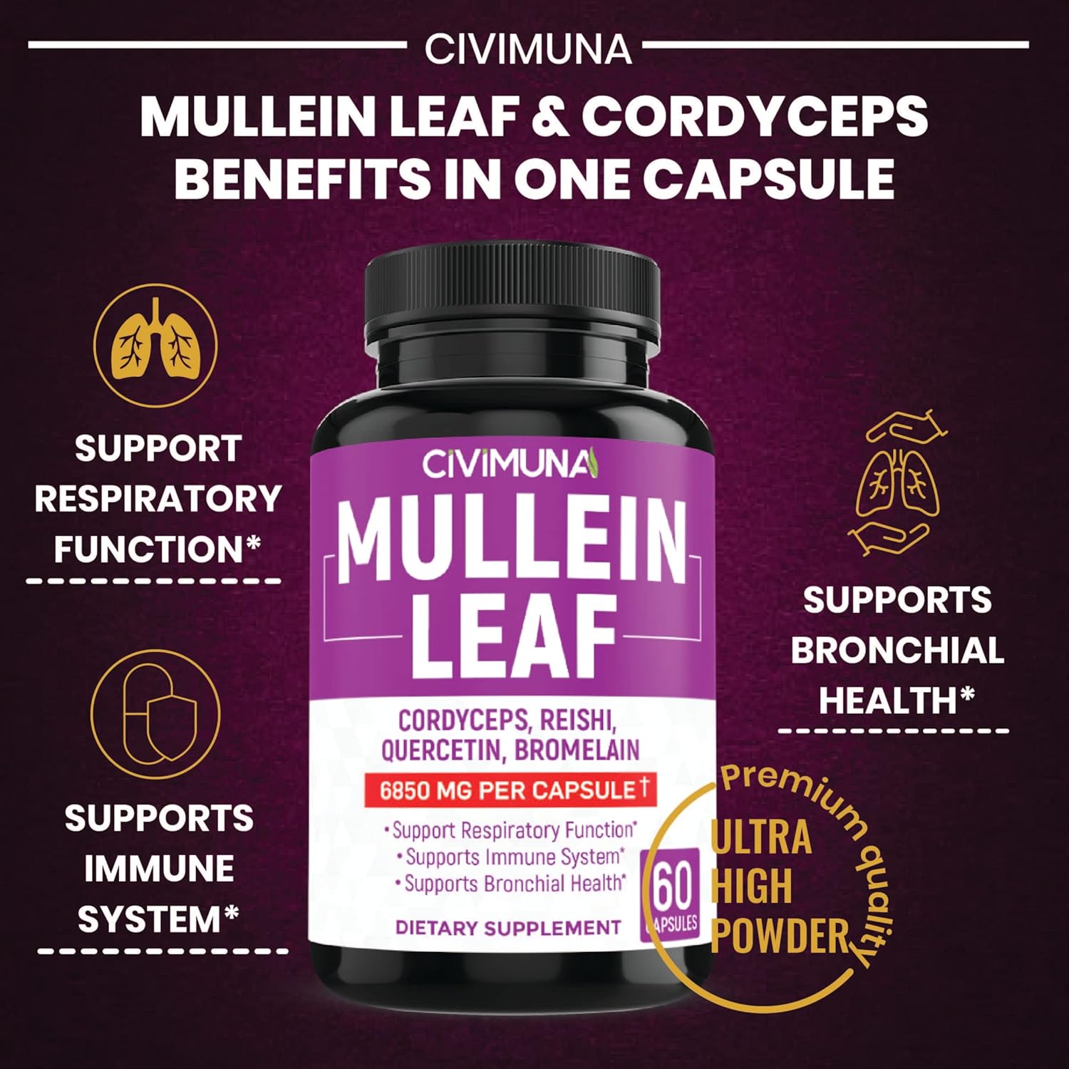 CIVIMUNA Mullein Leaf Capsules 6850mg (2 Packs) - Cordyceps, Reishi - 4 Month Supply