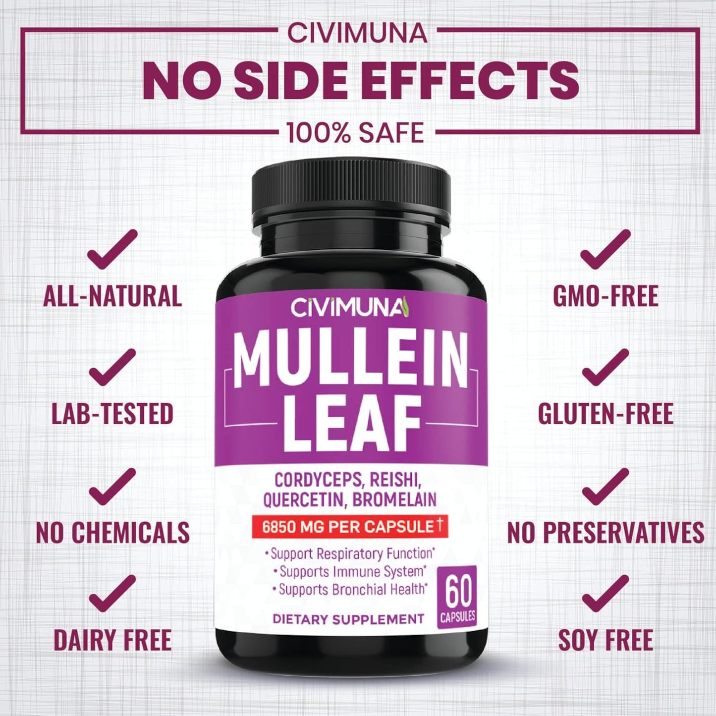 CIVIMUNA Mullein Leaf Capsules 6850mg (2 Packs) - Cordyceps, Reishi - 4 Month Supply