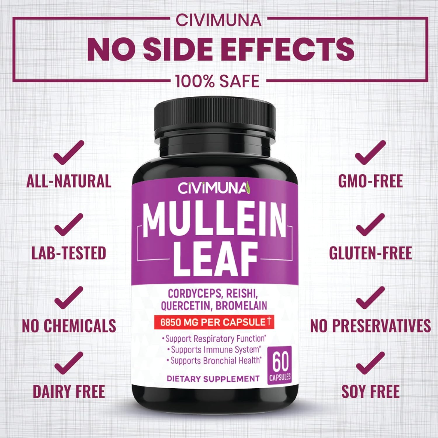 CIVIMUNA Mullein Leaf Capsules 6850mg (2 Packs) - Cordyceps, Reishi - 4 Month Supply