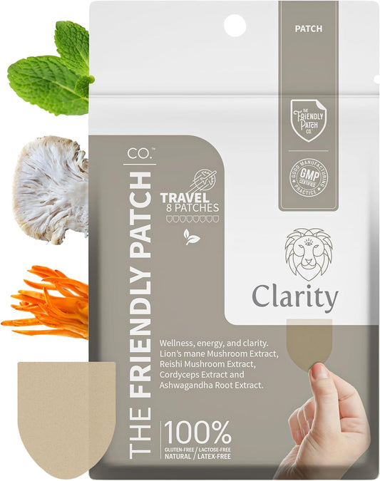 Clarity Mushroom Patches - Lion’s Mane, Reishi, Cordyceps & Ashwagandha - Nootropic Energy Boost - Memory and Focus Support - 8 Pack