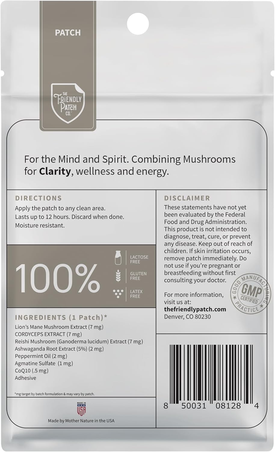 Clarity Mushroom Patches - Lion’s Mane, Reishi, Cordyceps & Ashwagandha - Nootropic Energy Boost - Memory and Focus Support - 8 Pack