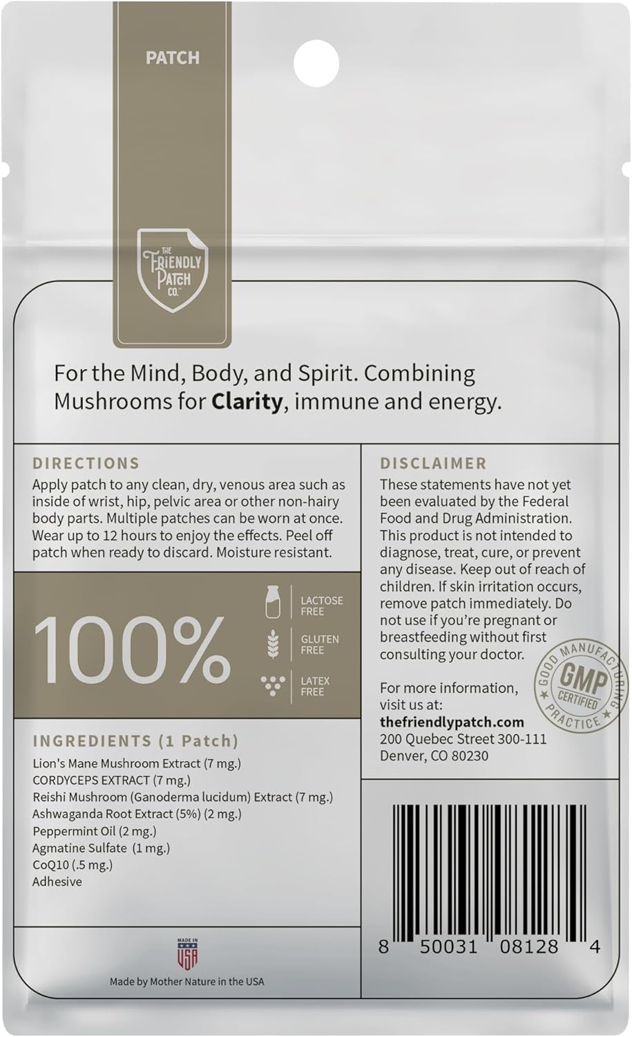 Clarity Mushroom Patches - Lion’s Mane, Reishi, Cordyceps & Ashwagandha - Nootropic Energy Boost - Memory and Focus Support - 8 Pack