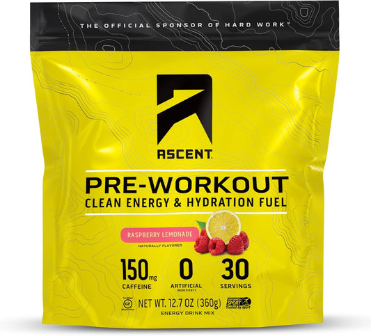 Clean Energy Pre Workout Powder - Natural Ingredients, 150g Caffeine, 250g Electrolytes - Raspberry Lemonade, 30 Servings