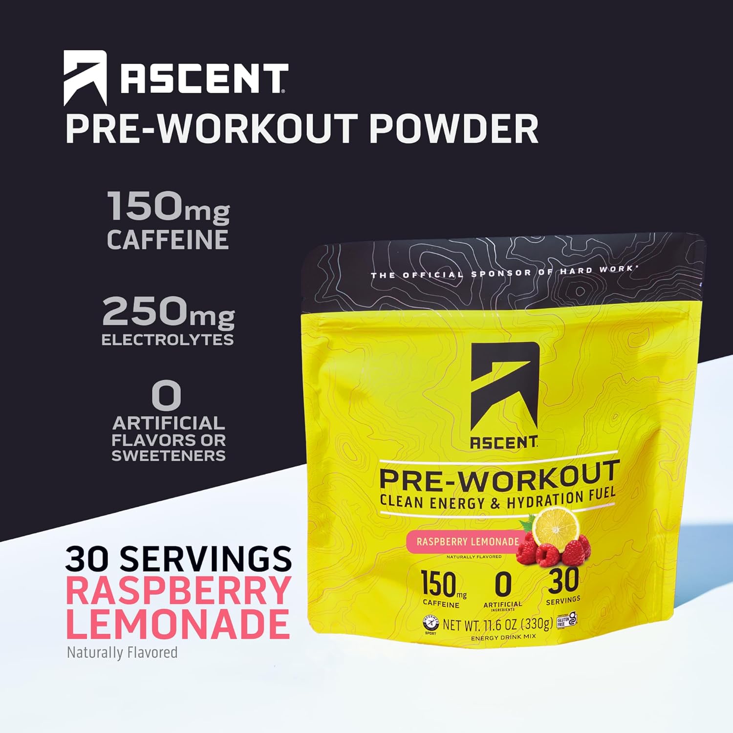 Clean Energy Pre Workout Powder - Natural Ingredients, 150g Caffeine, 250g Electrolytes - Raspberry Lemonade, 30 Servings