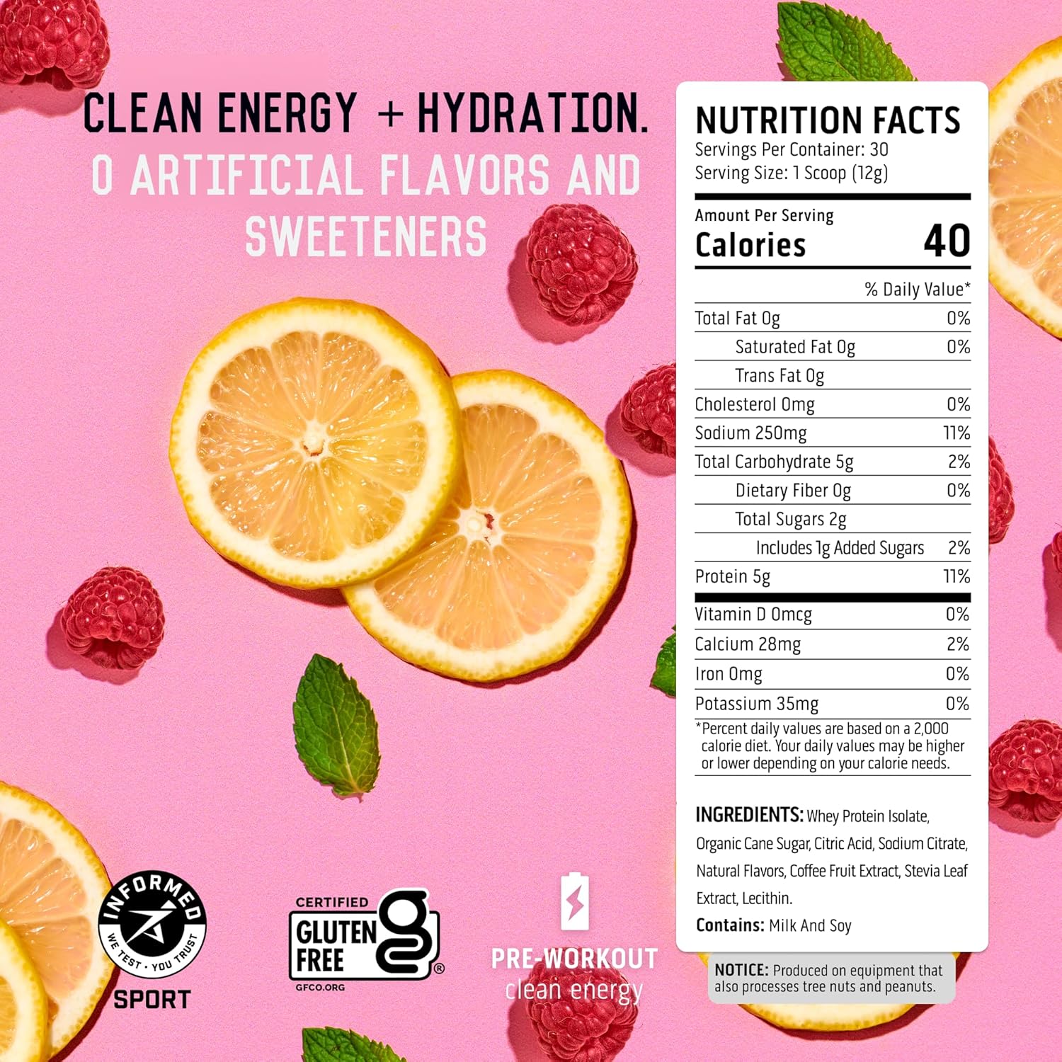 Clean Energy Pre Workout Powder - Natural Ingredients, 150g Caffeine, 250g Electrolytes - Raspberry Lemonade, 30 Servings