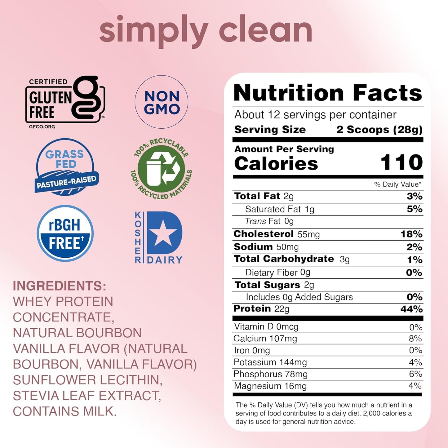 Clean & Grass Fed Vanilla Whey Protein Powder - Non-GMO, Kosher, Soy-Free - 24 oz