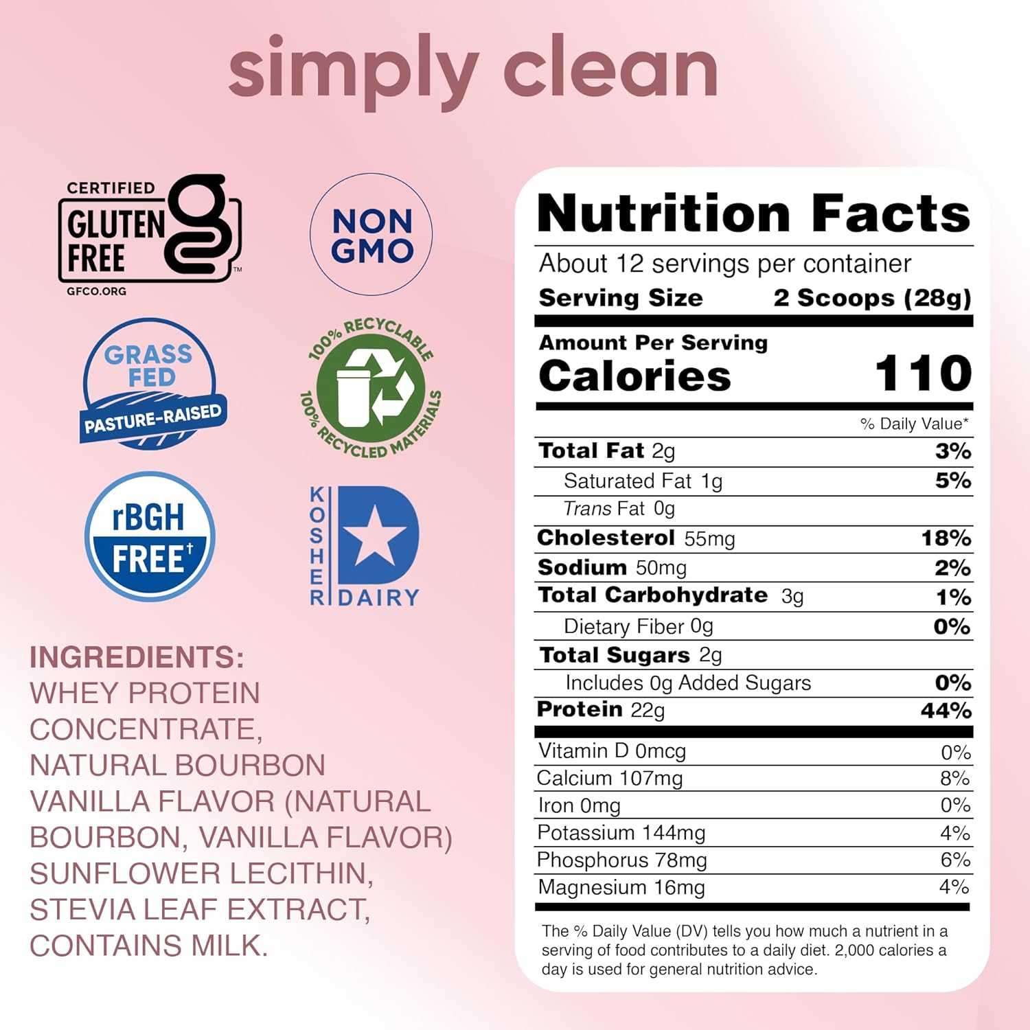 Clean & Grass Fed Vanilla Whey Protein Powder - Non-GMO, Kosher, Soy-Free - 24 oz
