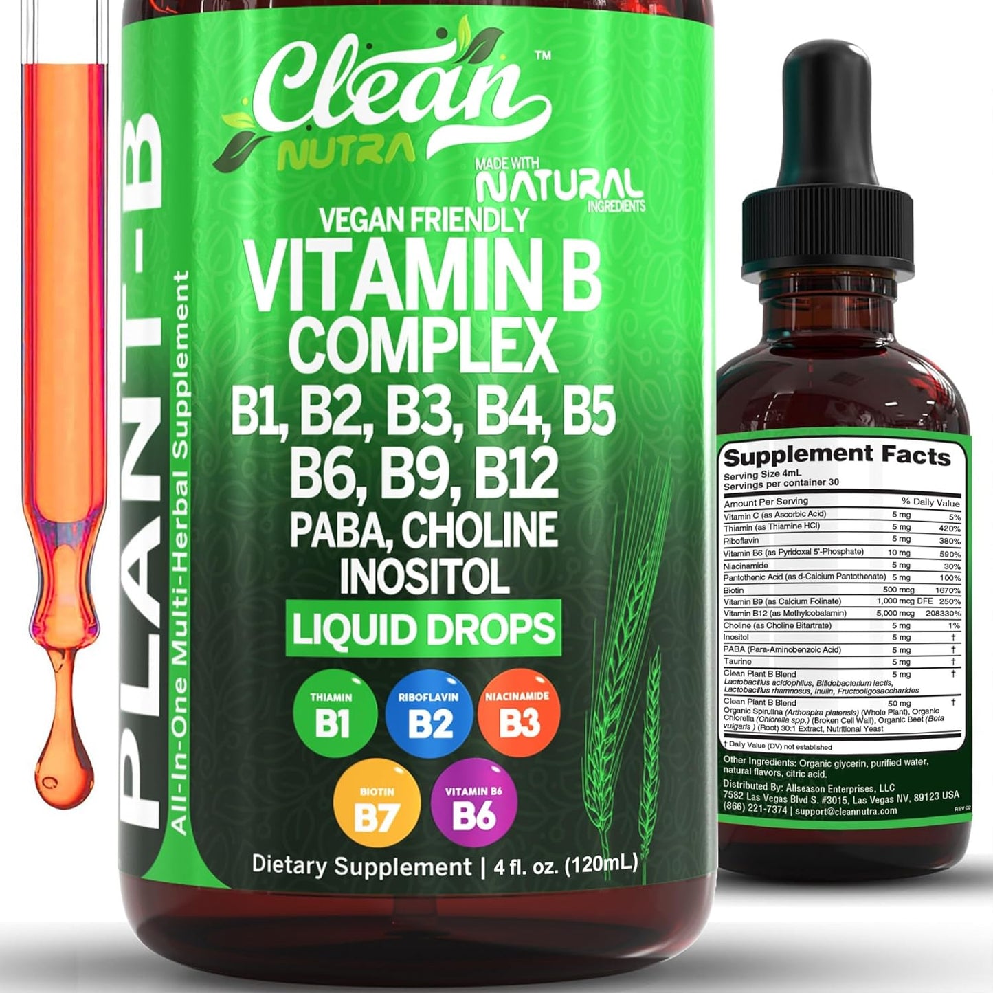 Clean Nutra Liquid Vitamin B Complex Drops with Thiamine, B6, B2, B3, B5, B9, B12, Niacinamide, Paba, Choline, Inositol, Taurine, Probiotics, Beet Root, and Spirulina - Plant-Based Supplements for Energy and Health