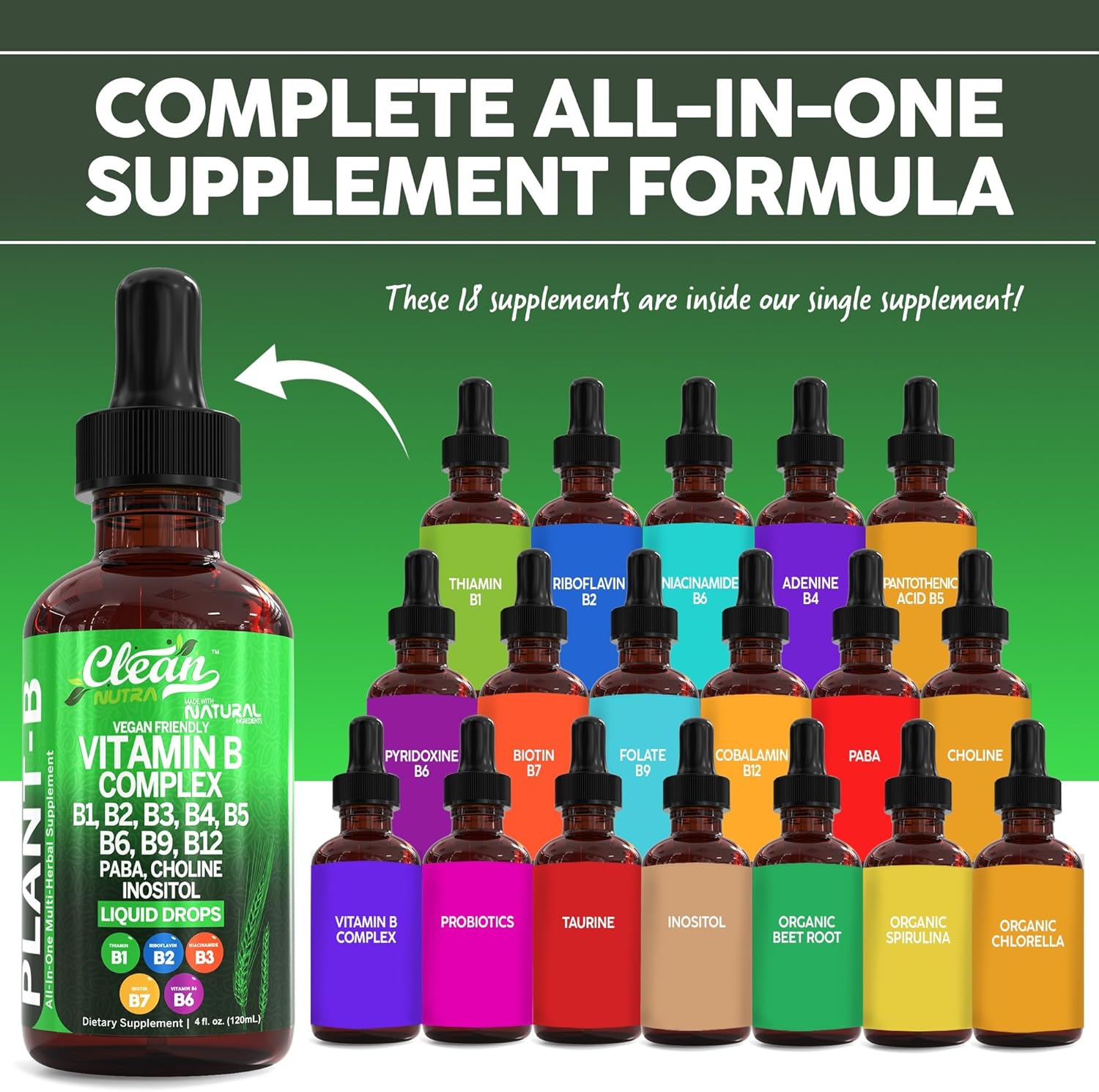Clean Nutra Liquid Vitamin B Complex Drops with Thiamine, B6, B2, B3, B5, B9, B12, Niacinamide, Paba, Choline, Inositol, Taurine, Probiotics, Beet Root, and Spirulina - Plant-Based Supplements for Energy and Health