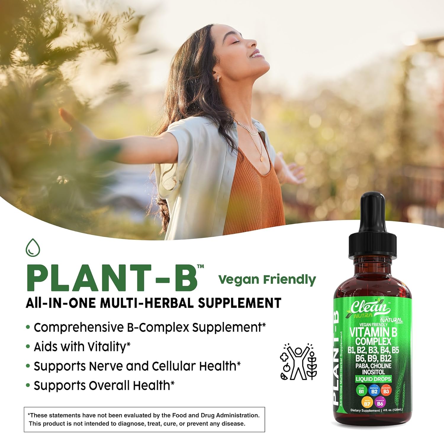 Clean Nutra Liquid Vitamin B Complex Drops with Thiamine, B6, B2, B3, B5, B9, B12, Niacinamide, Paba, Choline, Inositol, Taurine, Probiotics, Beet Root, and Spirulina - Plant-Based Supplements for Energy and Health