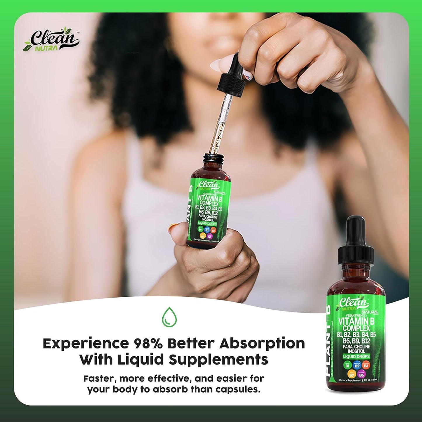 Clean Nutra Liquid Vitamin B Complex Drops with Thiamine, B6, B2, B3, B5, B9, B12, Niacinamide, Paba, Choline, Inositol, Taurine, Probiotics, Beet Root, and Spirulina - Plant-Based Supplements for Energy and Health