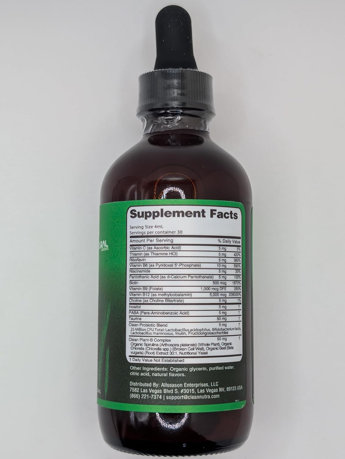 Clean Nutra Liquid Vitamin B Complex Drops with Thiamine, B6, B2, B3, B5, B9, B12, Niacinamide, Paba, Choline, Inositol, Taurine, Probiotics, Beet Root, and Spirulina - Plant-Based Supplements for Energy and Health