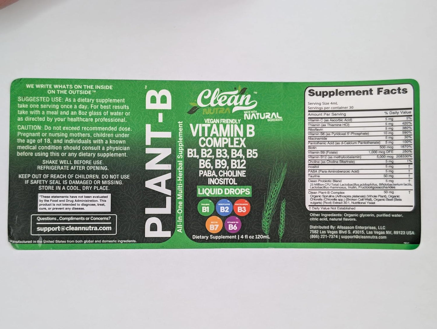 Clean Nutra Liquid Vitamin B Complex Drops with Thiamine, B6, B2, B3, B5, B9, B12, Niacinamide, Paba, Choline, Inositol, Taurine, Probiotics, Beet Root, and Spirulina - Plant-Based Supplements for Energy and Health
