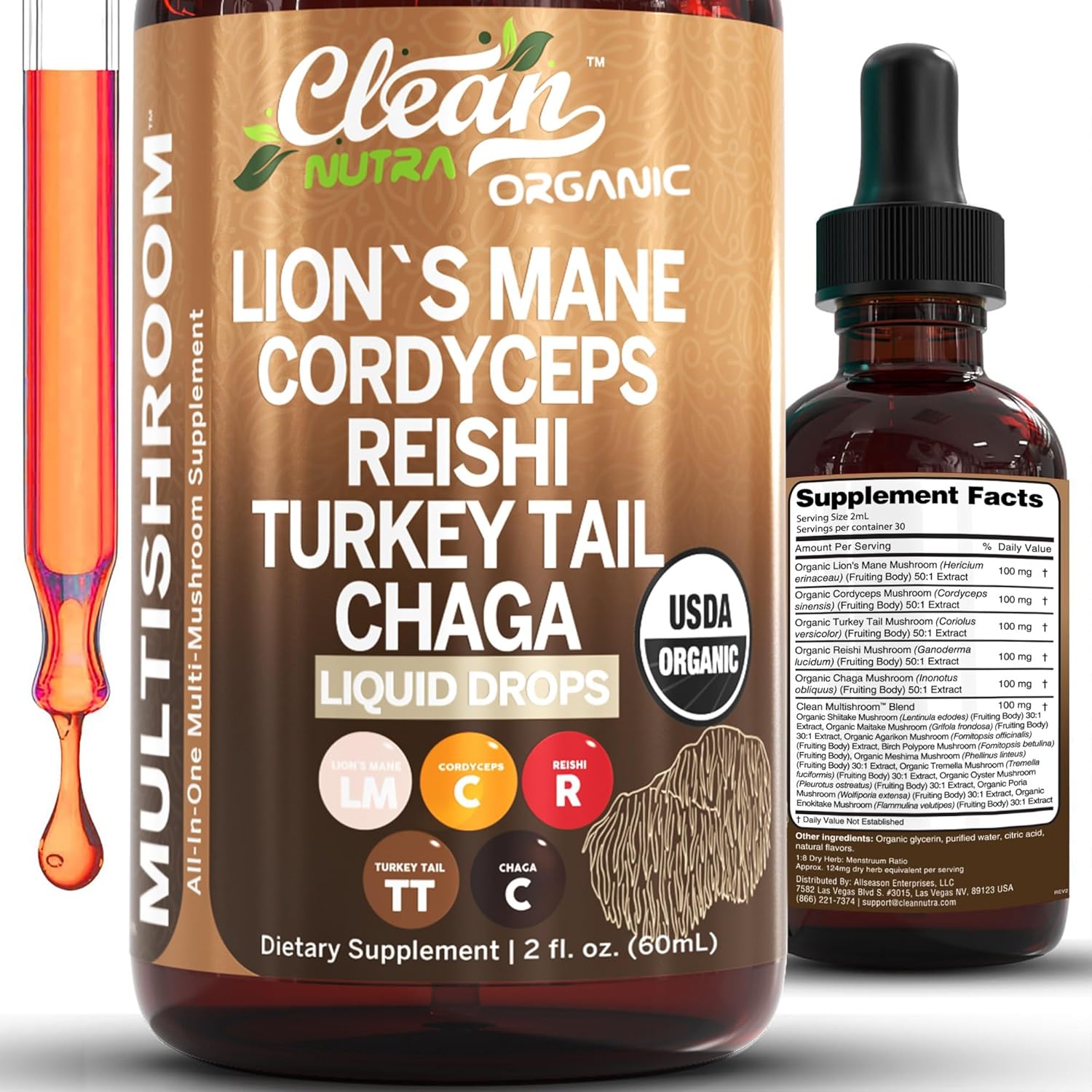 Clean Nutraceuticals Organic Mushroom Supplement Liquid Drops - Lions Mane, Turkey Tail, Cordyceps, Reishi, Chaga, Shitake, Maitake, Tremella, Oyster Mushrooms, Poria, Enokitake Complex Blend