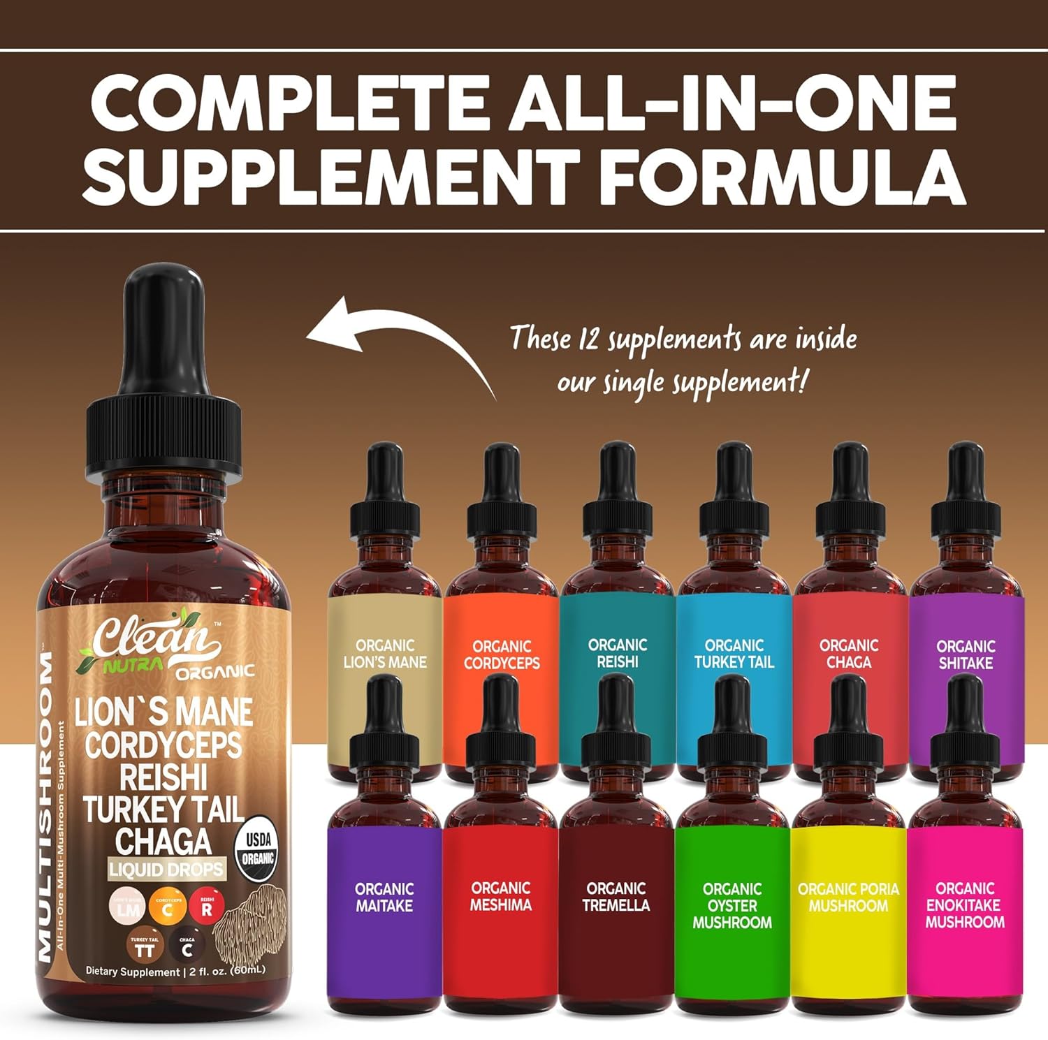 Clean Nutraceuticals Organic Mushroom Supplement Liquid Drops - Lions Mane, Turkey Tail, Cordyceps, Reishi, Chaga, Shitake, Maitake, Tremella, Oyster Mushrooms, Poria, Enokitake Complex Blend