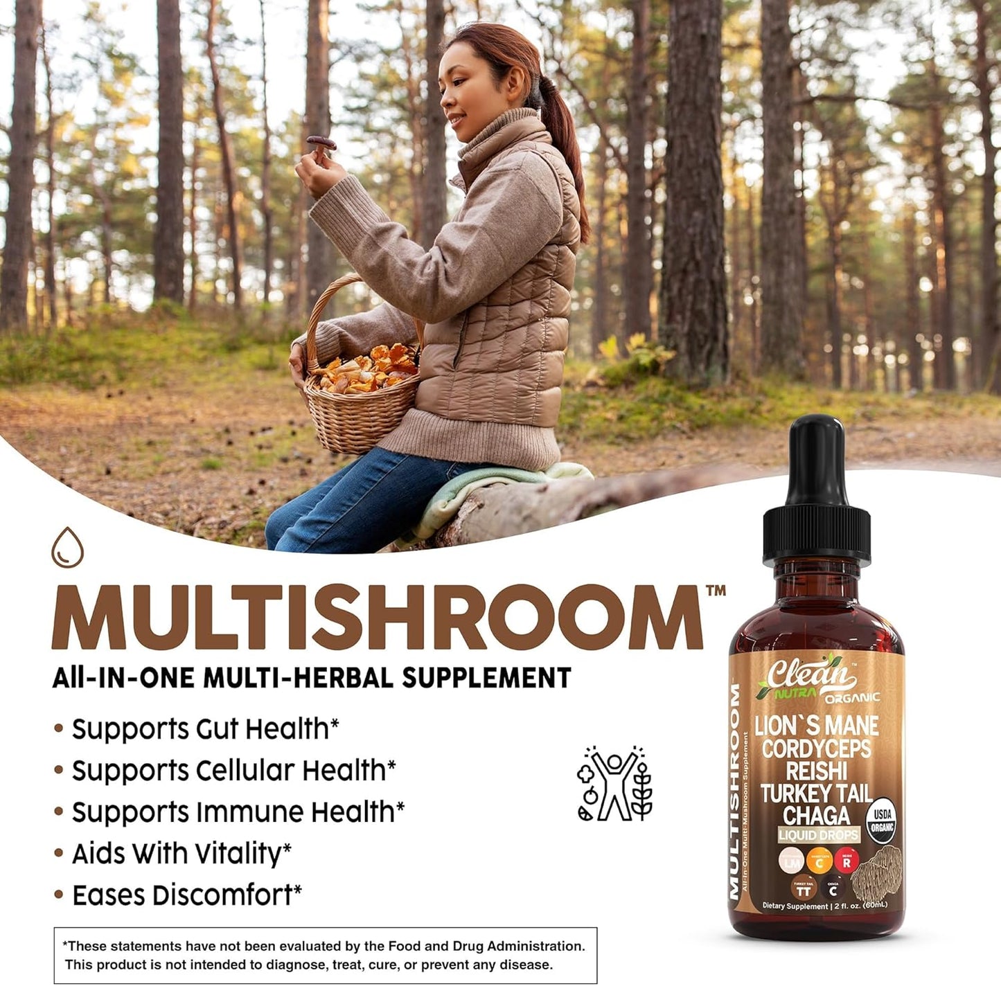 Clean Nutraceuticals Organic Mushroom Supplement Liquid Drops - Lions Mane, Turkey Tail, Cordyceps, Reishi, Chaga, Shitake, Maitake, Tremella, Oyster Mushrooms, Poria, Enokitake Complex Blend