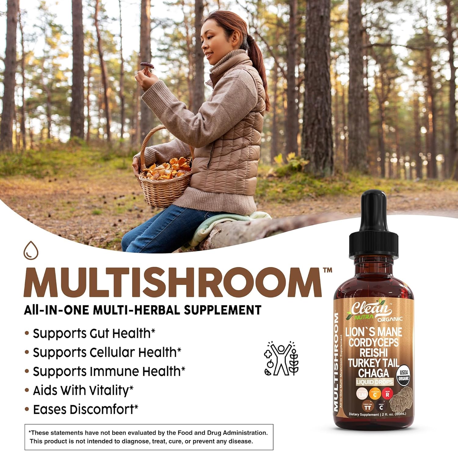 Clean Nutraceuticals Organic Mushroom Supplement Liquid Drops - Lions Mane, Turkey Tail, Cordyceps, Reishi, Chaga, Shitake, Maitake, Tremella, Oyster Mushrooms, Poria, Enokitake Complex Blend