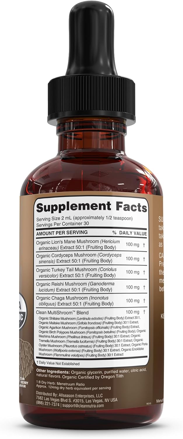 Clean Nutraceuticals Organic Mushroom Supplement Liquid Drops - Lions Mane, Turkey Tail, Cordyceps, Reishi, Chaga, Shitake, Maitake, Tremella, Oyster Mushrooms, Poria, Enokitake Complex Blend