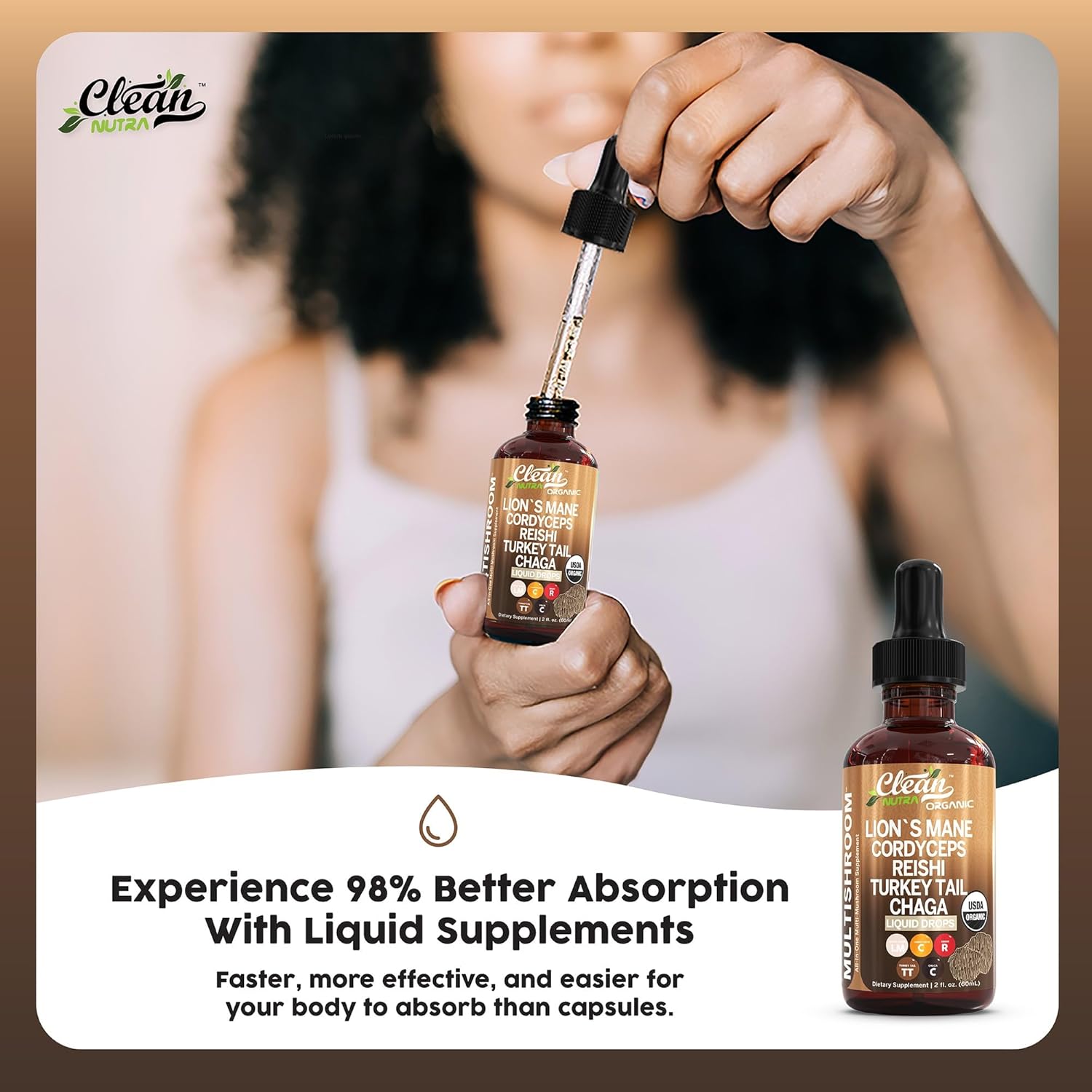 Clean Nutraceuticals Organic Mushroom Supplement Liquid Drops - Lions Mane, Turkey Tail, Cordyceps, Reishi, Chaga, Shitake, Maitake, Tremella, Oyster Mushrooms, Poria, Enokitake Complex Blend