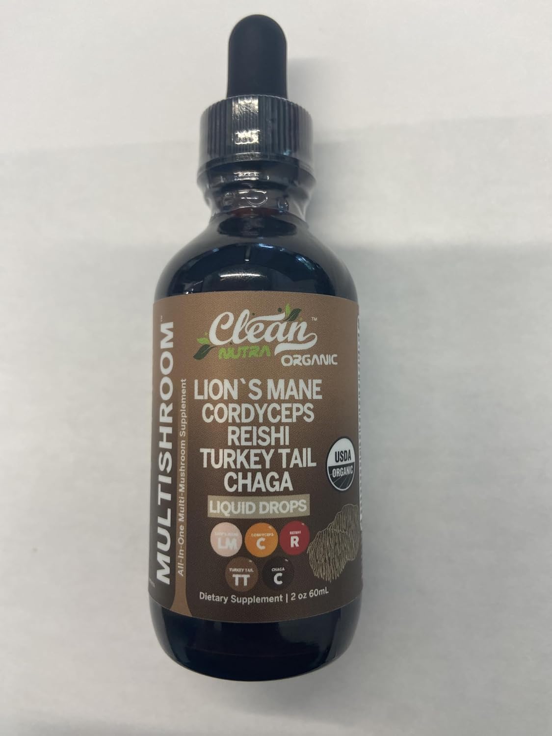 Clean Nutraceuticals Organic Mushroom Supplement Liquid Drops - Lions Mane, Turkey Tail, Cordyceps, Reishi, Chaga, Shitake, Maitake, Tremella, Oyster Mushrooms, Poria, Enokitake Complex Blend