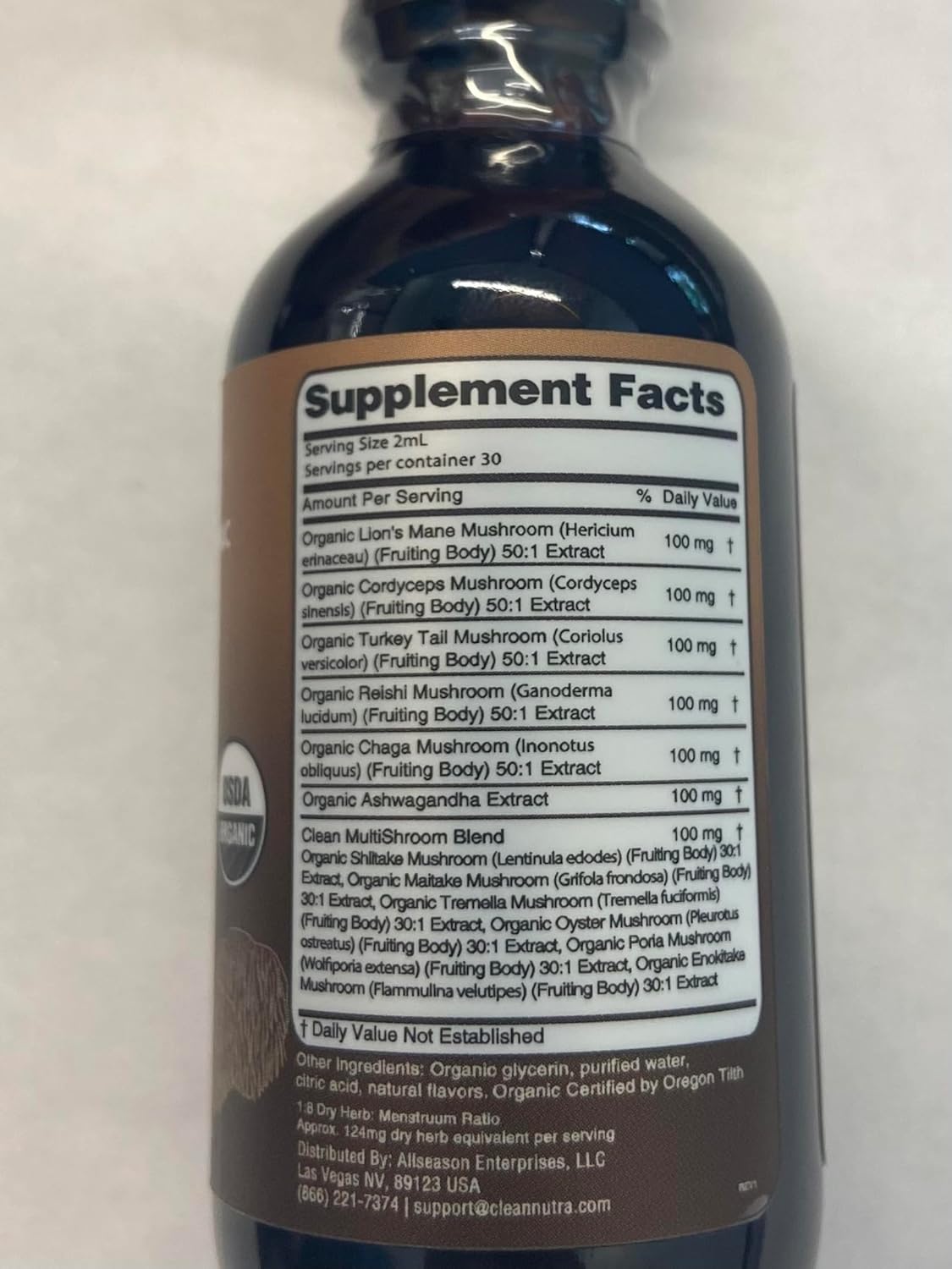 Clean Nutraceuticals Organic Mushroom Supplement Liquid Drops - Lions Mane, Turkey Tail, Cordyceps, Reishi, Chaga, Shitake, Maitake, Tremella, Oyster Mushrooms, Poria, Enokitake Complex Blend