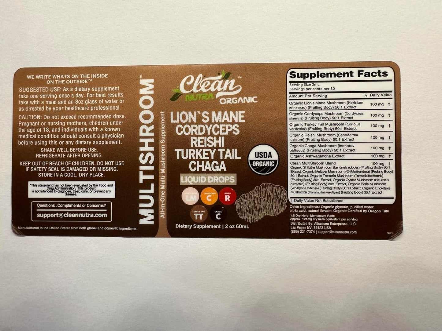 Clean Nutraceuticals Organic Mushroom Supplement Liquid Drops - Lions Mane, Turkey Tail, Cordyceps, Reishi, Chaga, Shitake, Maitake, Tremella, Oyster Mushrooms, Poria, Enokitake Complex Blend