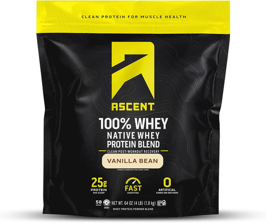 Clean Post Workout Recovery: Ascent 100% Whey Native Protein Blend, 5.5g BCAA, 2.6g Leucine, Zero Artificial Ingredients, Vanilla Bean 4 lb.
