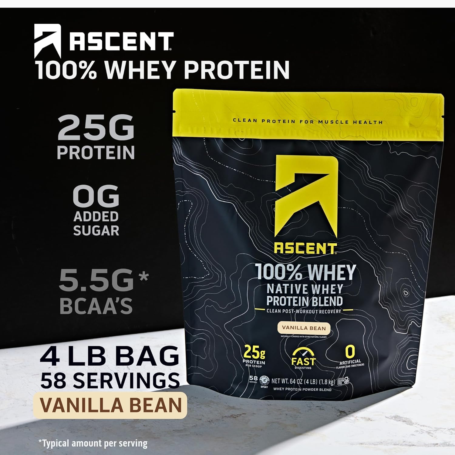 Clean Post Workout Recovery: Ascent 100% Whey Native Protein Blend, 5.5g BCAA, 2.6g Leucine, Zero Artificial Ingredients, Vanilla Bean 4 lb.
