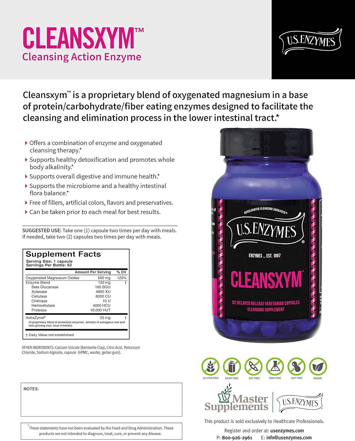CLEANSXYM 62 Vegetarian Capsules - USAEnzymes U.S. Enzymes Cleansing Supplement