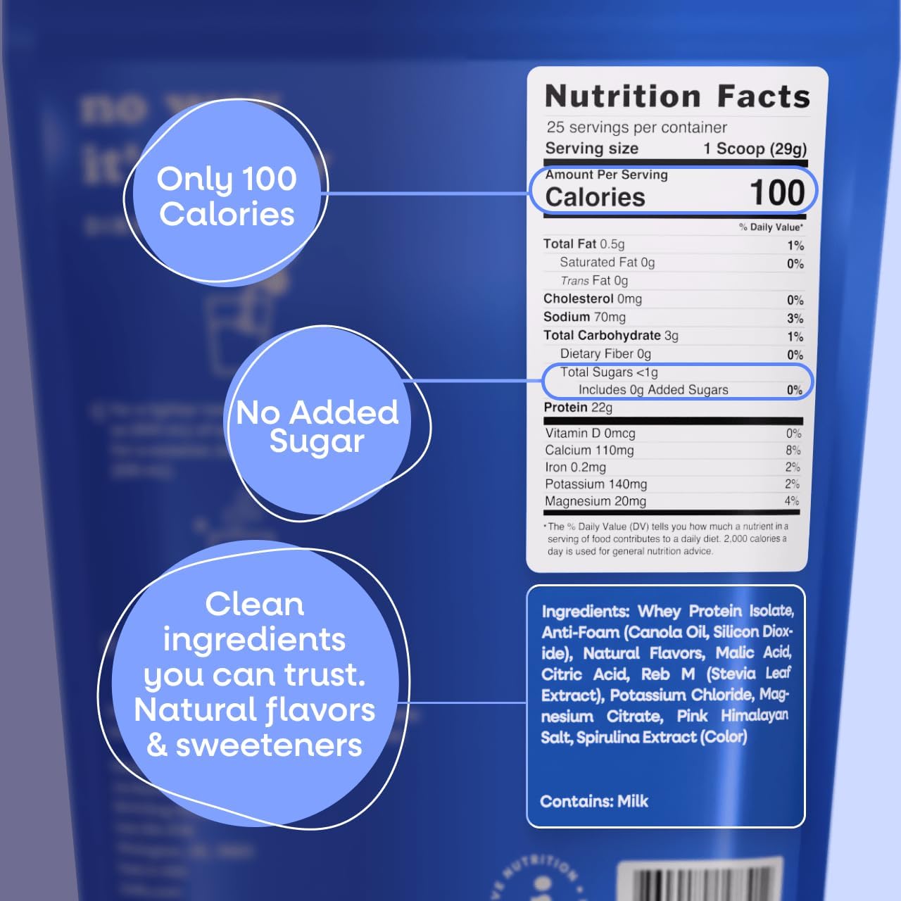 Clear Blue Raspberry Grass-Fed Protein Powder with Electrolytes - 22g Protein, 100 Calories - Natural Whey Isolate