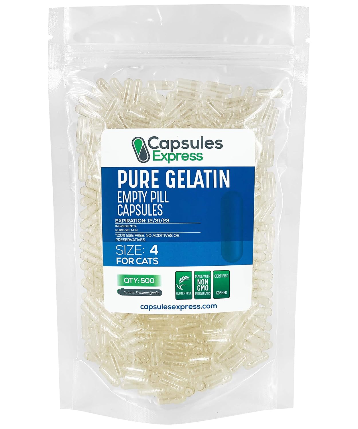 Clear Empty Gelatin Capsules for Cats - 500 Count Bovine Pill Caps - DIY Capsule Filling - XPRS Nutra Size 4 Empty Caps