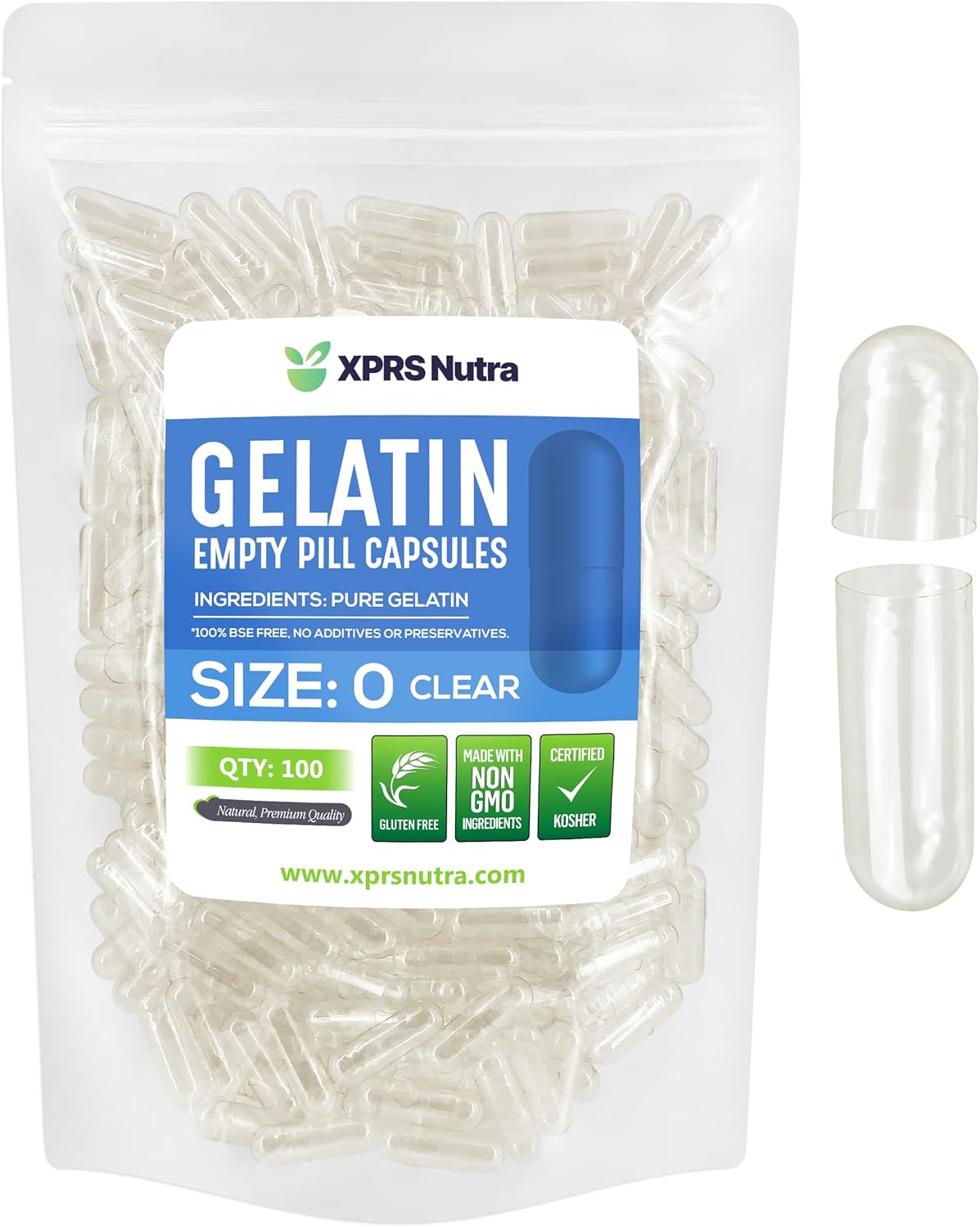 Clear Empty Gelatin Capsules Size 0 - 100 Count, Kosher & Halal - DIY Powder Filling - XPRS Nutra Capsules Express