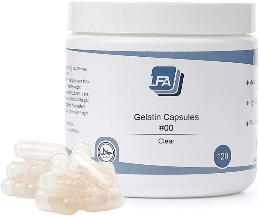 Clear Gelatin Size 00 Empty Capsules - 120 Count Jar for DIY Pills - Halal Beef Gel Caps - Fits Capsule Machine Tray