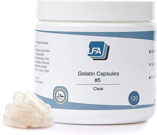 Clear Gelatin Size 5 Empty Capsules (120 Count) for DIY Supplement Pills - Halal Certified - Fits Capsule Press Tray