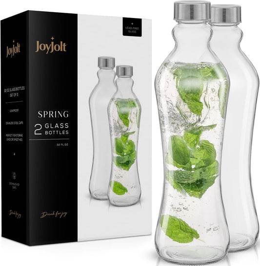 Clear Glass Water Bottles with Stainless Steel Lids - 2 Pack, 32 oz Leakproof Seal, 1 Liter Capacity for Juicing and Iced Tea