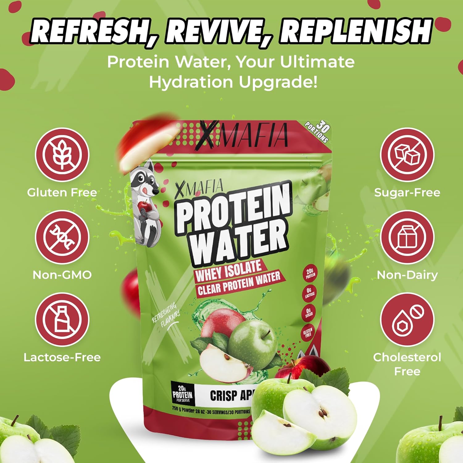 Clear Protein Powder XMafia - Apple Iso Juice Protein Water - 30 Servings, 20g Protein, Keto-Friendly Whey Isolate Hydrator - Post-Workout Drink