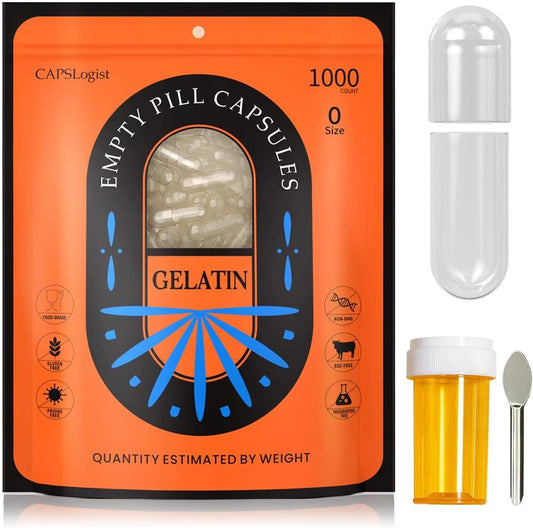 Clear Size 0 Gelatin Capsules - 1000 Count Empty Gel Pills with Bottle for DIY Supplement Filling - Non-GMO Certified Capsules