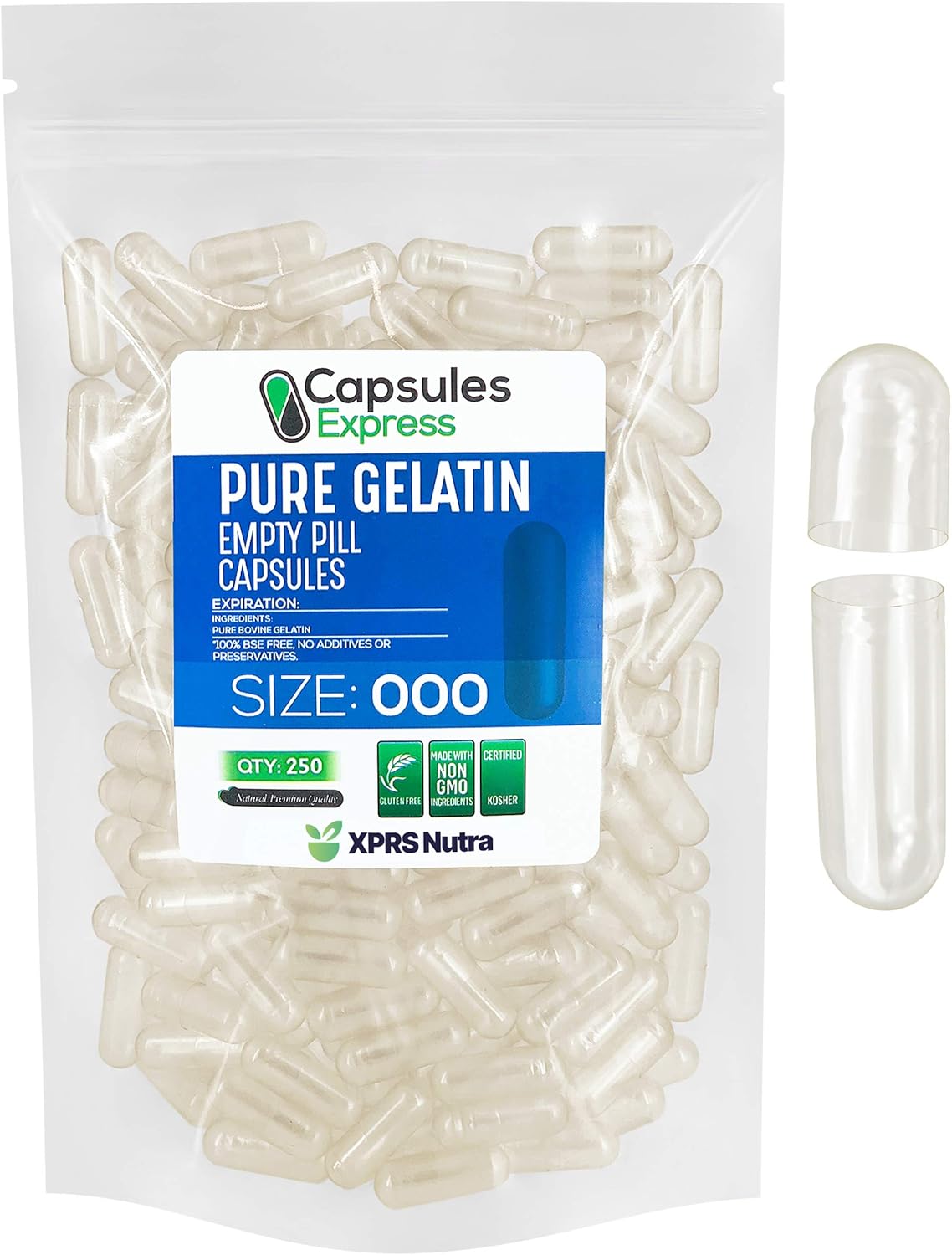 Clear Size 000 Gelatin Empty Capsules - 250 Count - DIY Fillable Pills - Supplement Capsule Filling - XPRS Nutra Size 000 Capsules