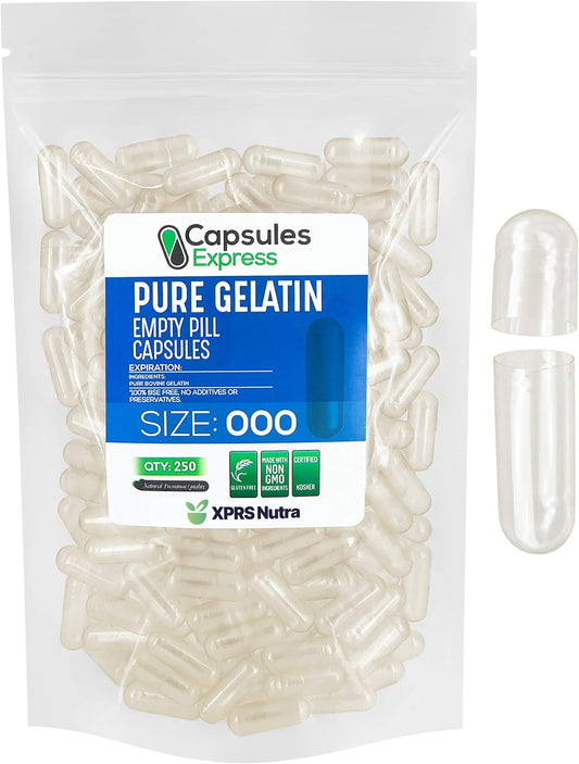 Clear Size 000 Gelatin Empty Capsules - 250 Count - DIY Fillable Pills - Supplement Capsule Filling - XPRS Nutra Size 000 Capsules