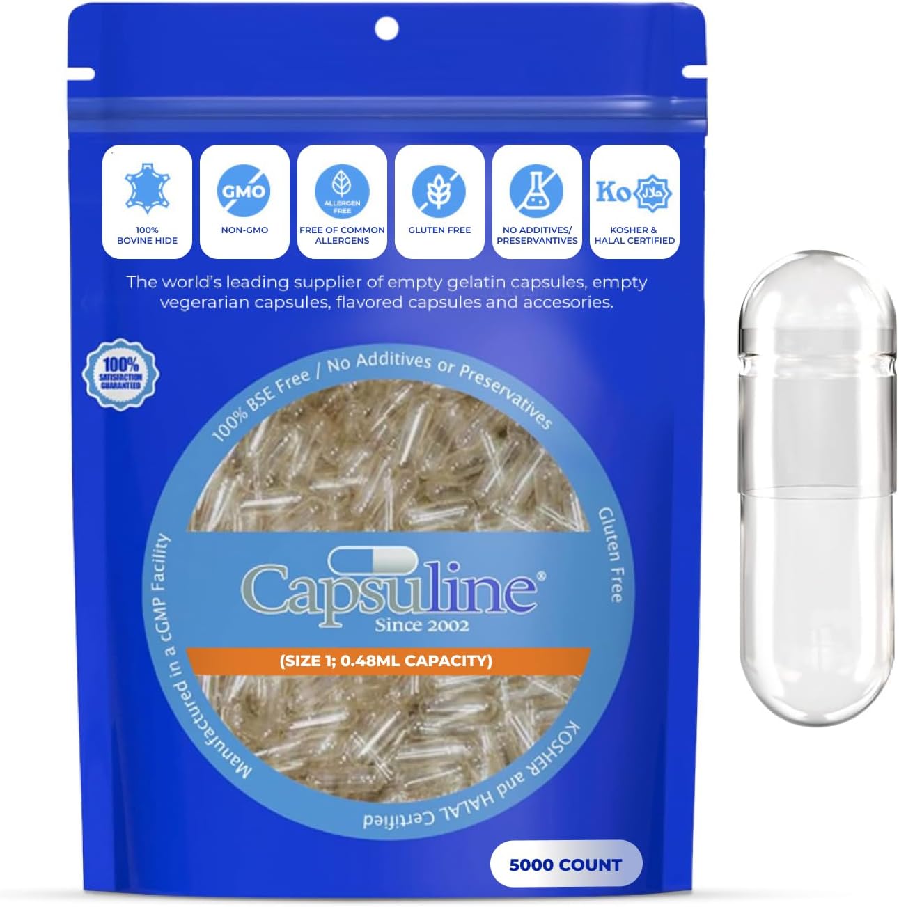 Clear Size 1 Gelatin Capsules - 5000 Count | Gluten Free, Kosher, Non-GMO | Bovine Pill Caps for DIY Supplement Filling