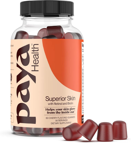 Clear Skin, Healthy Hair & Nails Gummies with Retinol, Biotin, and Zinc | Vitamins A, E, C | Non-GMO, Gluten-Free, Cherry Flavor | 60 Count