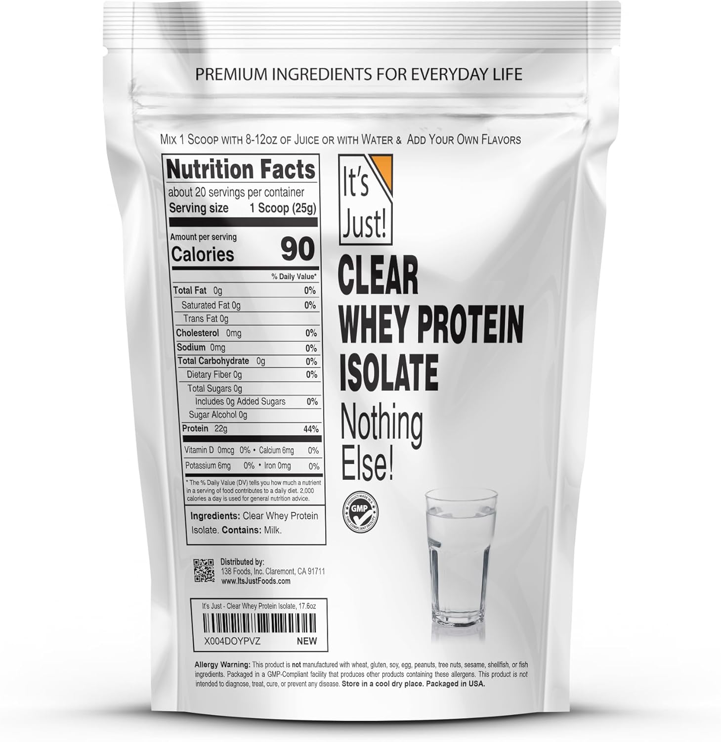 Clear Whey Isolate Protein Powder, WPI-90, 17.6oz (500g), Zero Carb, 20 Servings, Denmark Sourced, USA Packaged, Ultra Premium Sour Taste