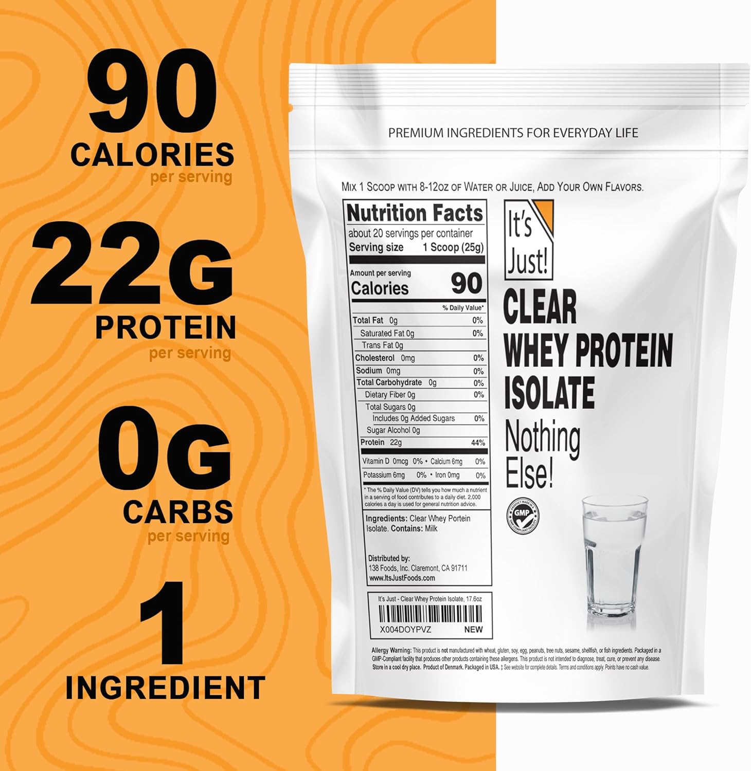 Clear Whey Isolate Protein Powder, WPI-90, 17.6oz (500g), Zero Carb, 20 Servings, Denmark Sourced, USA Packaged, Ultra Premium Sour Taste