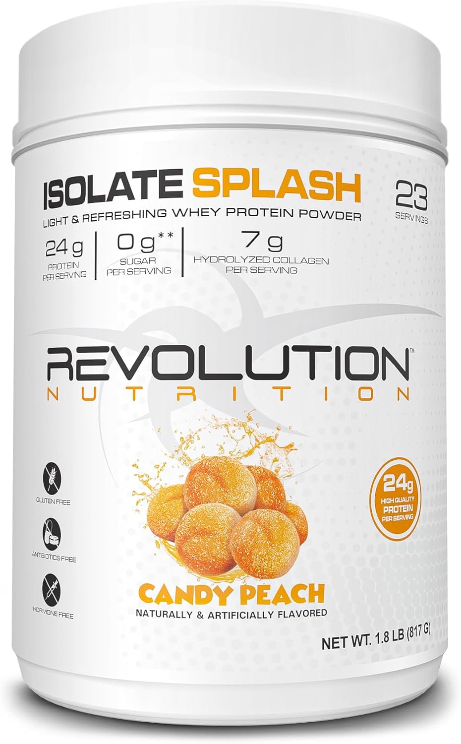 Clear Whey Protein Powder with Collagen - Candy Peach Flavour, 24g Protein Per Scoop, Zero Sugar - 817g, 23 Servings - Isolate Splash by Revolution Nutrition